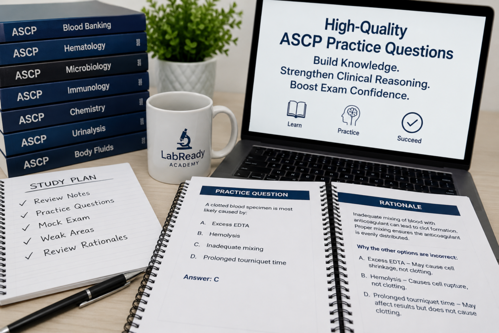 Where Can You Find High-Quality ASCP Practice Questions? A Guide to Choosing and Using Them Effectively Medical laboratory scientist studying ASCP practice questions using a structured study plan and detailed answer rationales for the ASCP Board of Certification exam.