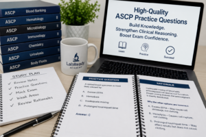 Medical laboratory scientist studying ASCP practice questions using a structured study plan and detailed answer rationales for the ASCP Board of Certification exam.